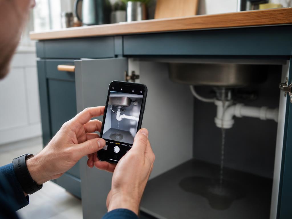 A tenant photographing a leaking pipe under a kitchen sink with a phone